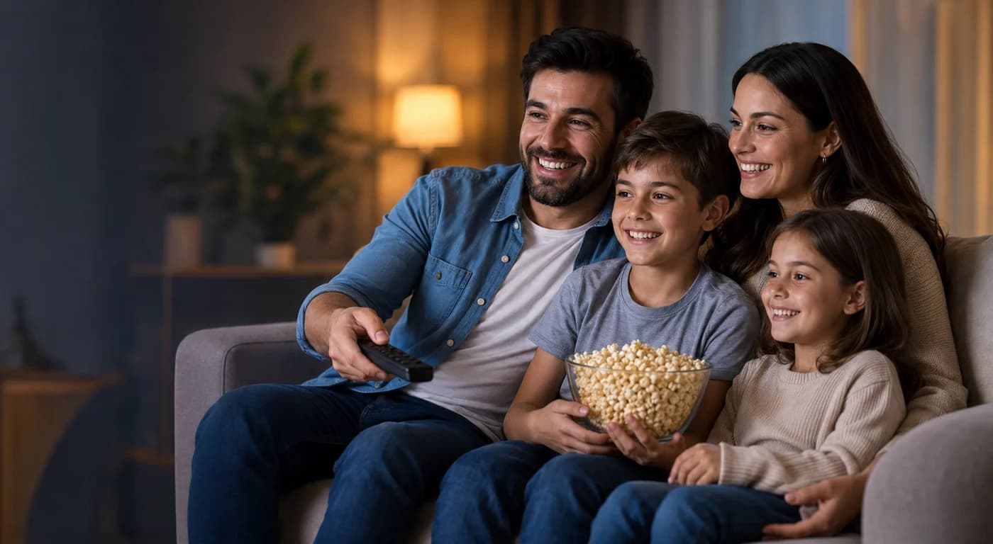 Famille regardant la télévision en 4K avec l'abonnement IPTV GOLD